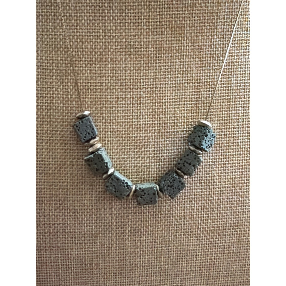 Grey Lava Rock Cube Bead Necklace Silver Tone Adjustable Extender Boho - Picture 2 of 6